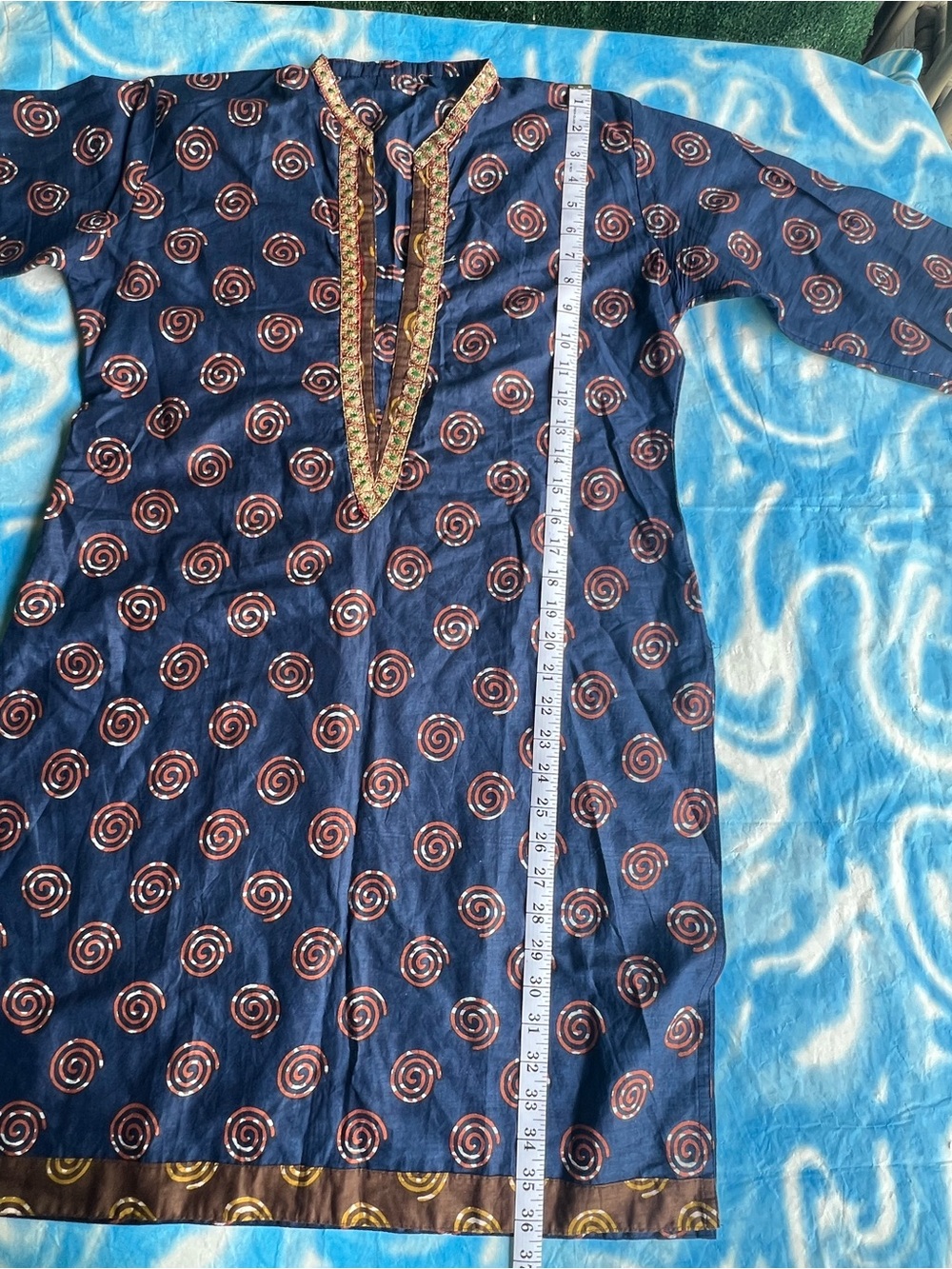 Navy Blue Kurta with Gold Trim - Picture 4 of 7